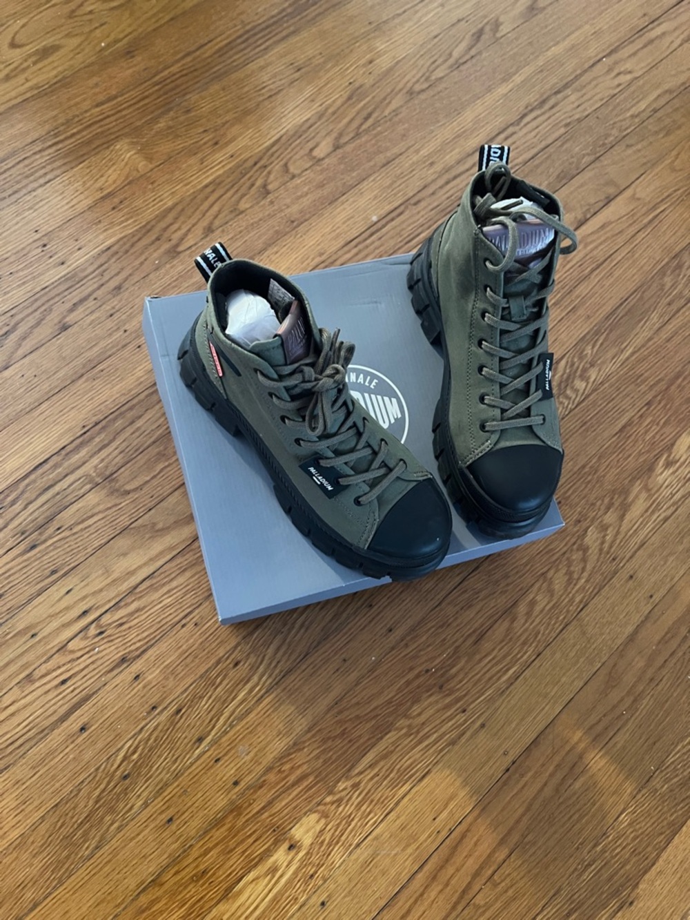 Palladium Olive Green Canvas High-Top Boots with Black Toe